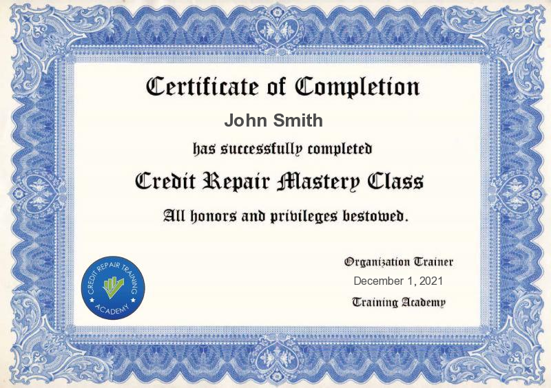 Mastery Class Certificate for credit repair expert