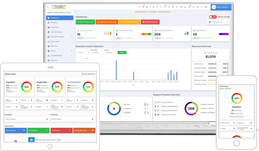 client dispute manager software dashboard