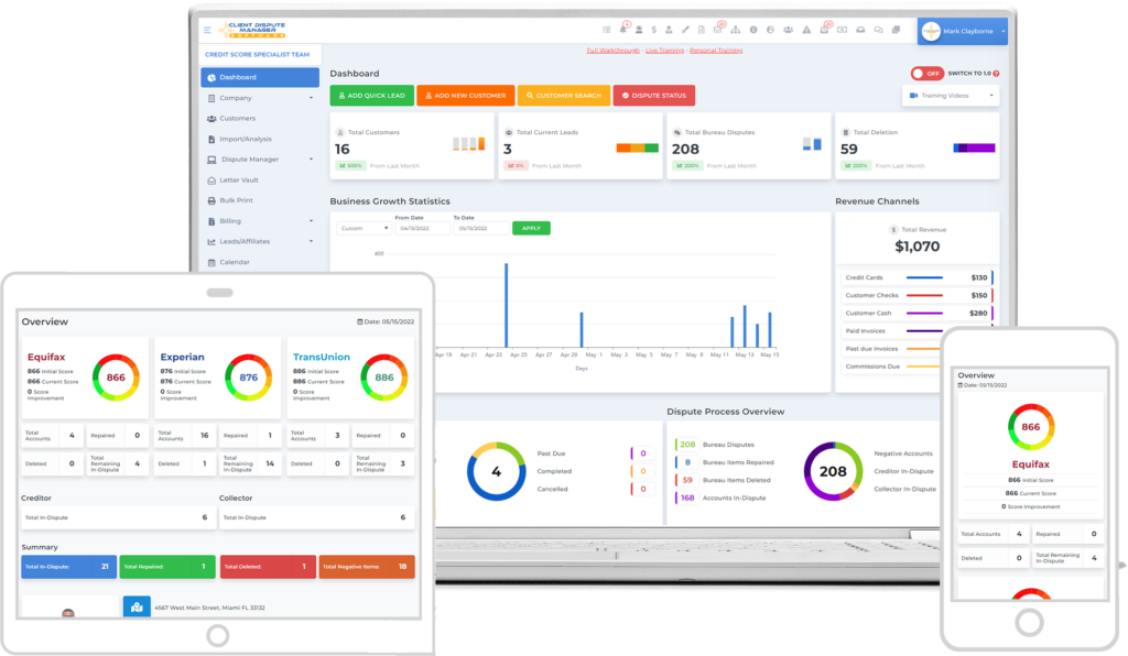 client dispute manager software dashboard