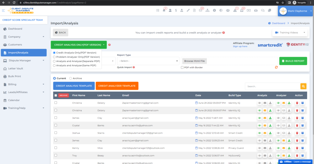 client dispute manager import & analysis