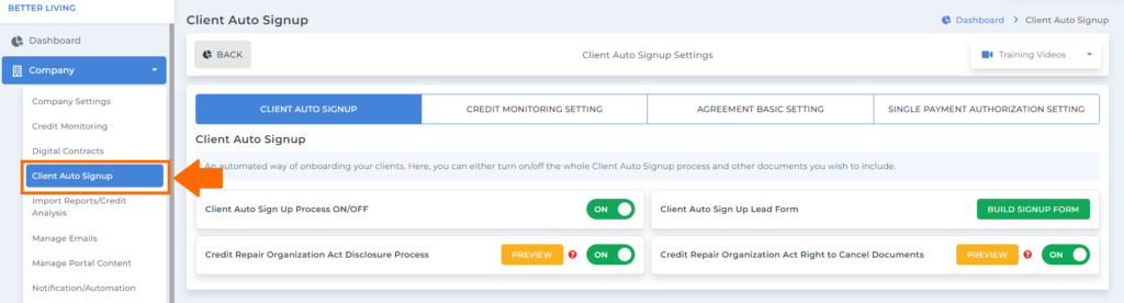 client dispute manager client autosign up screen