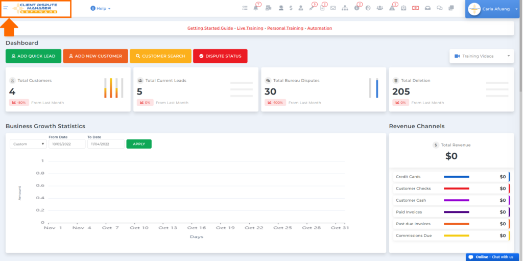 client dispute manager software dashboard