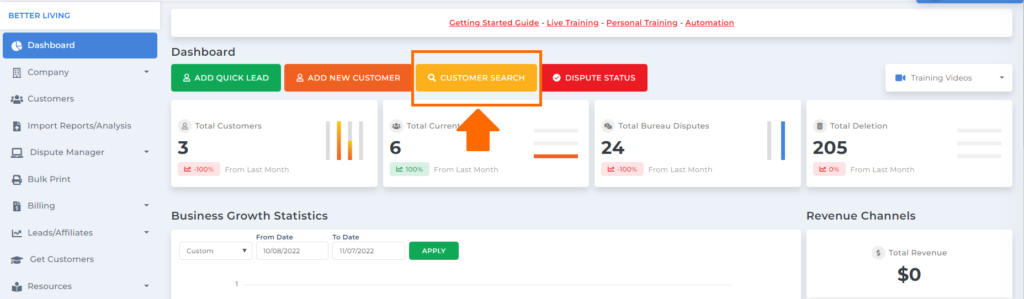customer search feature on client dispute manager software