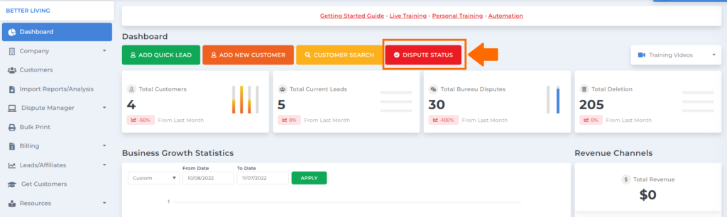 dispute status feature on client dispute manager software