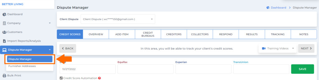 client dispute manager software creditor screen