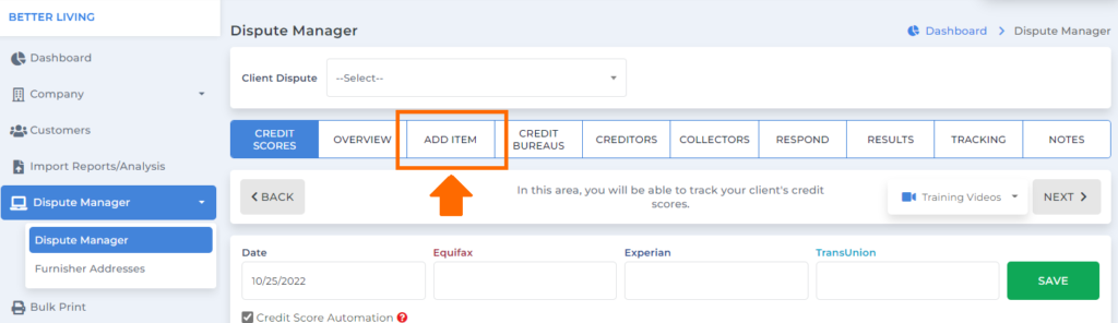 Client Dispute Manager Software Add Item
