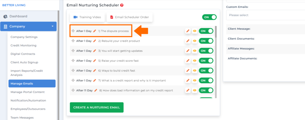 nurturing email scheduling on client dispute manager software