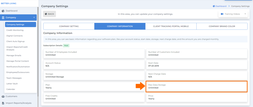 max storage of subscription plan on client dispute manager