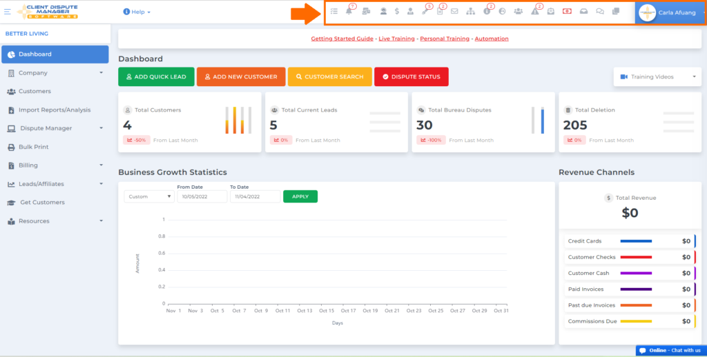 client dispute manager software top bar