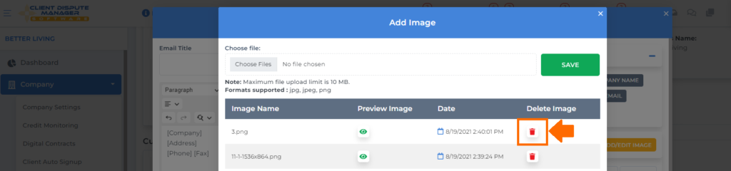 remove an uploaded images on client dispute manager software