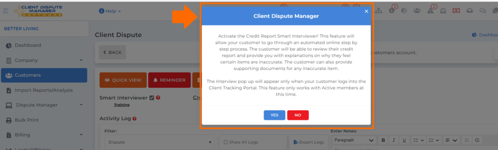 best credit repair software client tracking portal popup on CDMS