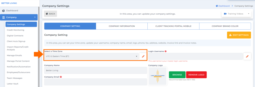 change timezone options on client dispute manager