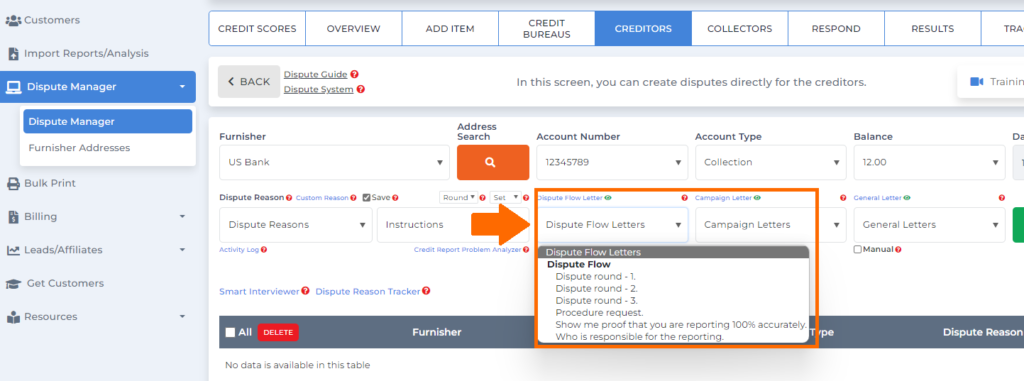 client dispute manager software dispute letter screen