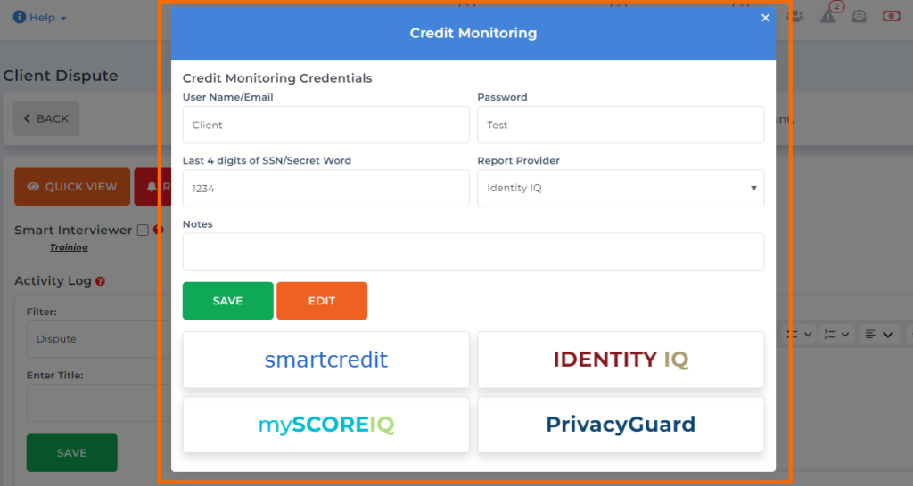 credit monitoring screen on client dispute manager