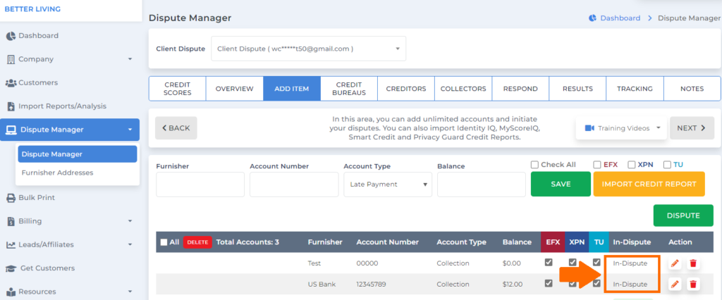 Client Dispute Manager Software In-Dispute screen