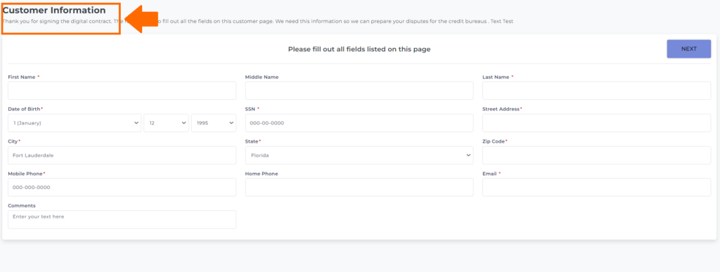 customer information form for client auto sign up