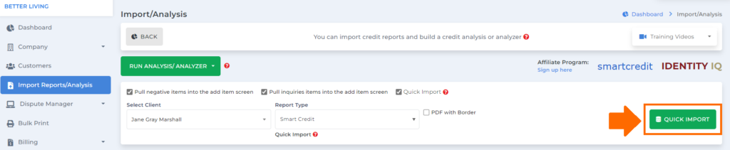 do quick import on client dispute manager