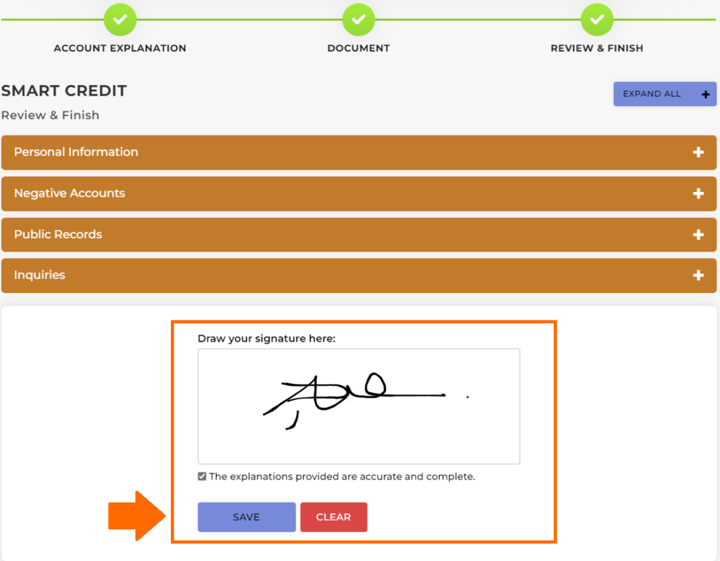 digital signature box on client dispute manager smart interviewer feature