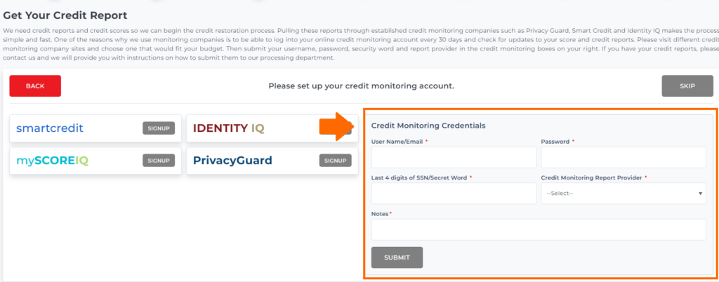 credit monitoring credential form for client auto sign up