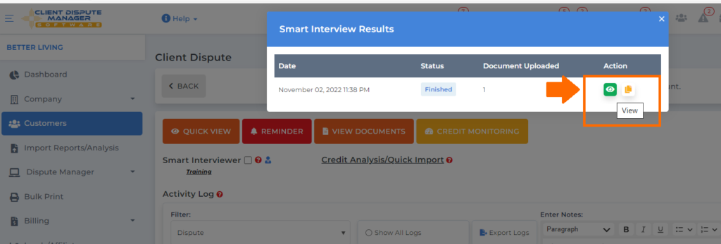 smart interview result on client dispute manager software