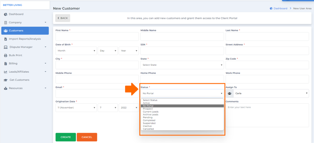 client dispute manager software customer add status