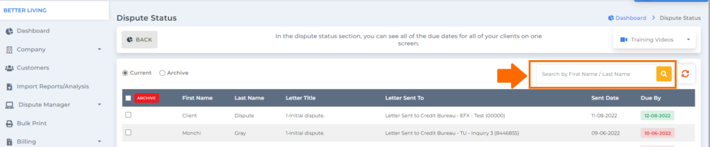 search box on the dispute status
