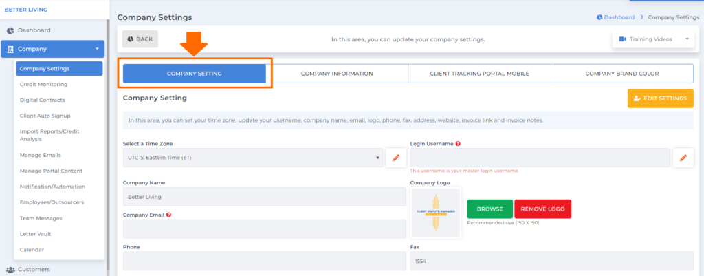 company settings features on software for credit