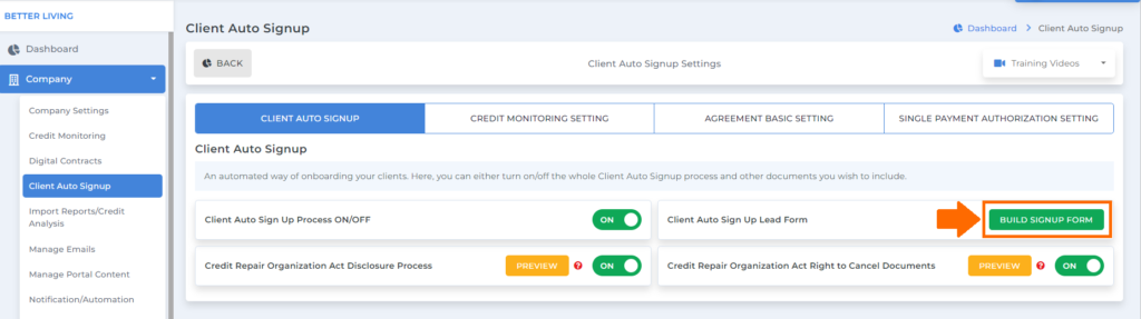 build sign up form on client auto signup on software for credit repair