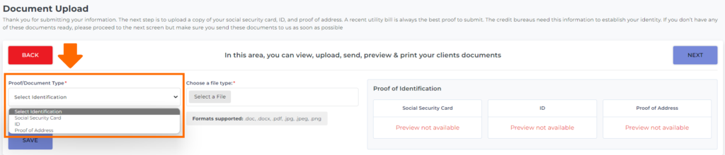 select document type on the document submission screen on client dispute manager software