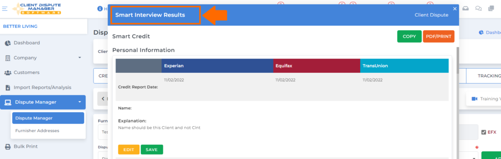 smart interviewer result page on client dispute manager software