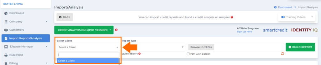 select customer to build credit analysis on client dispute manager software