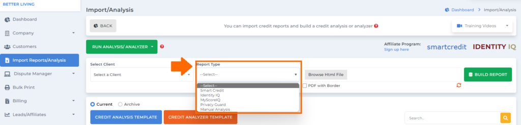 client dispute manager smart interviewer dropdown menu to select type