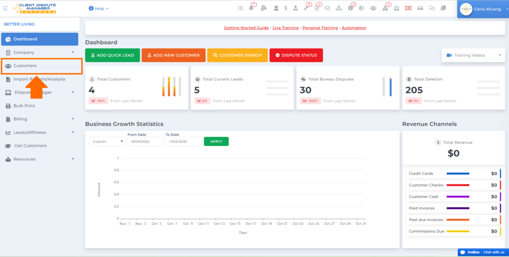 customer tab on client dispute manager