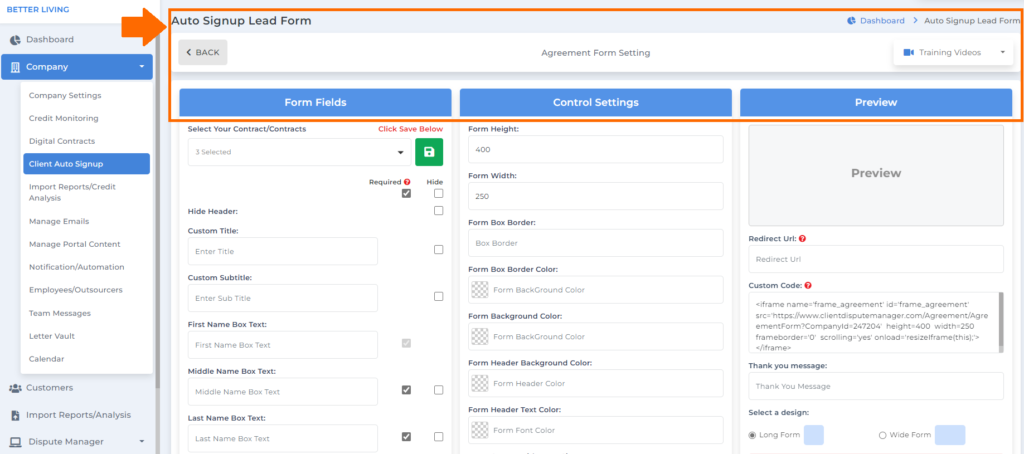 client dispute manager form filed for client auto signup