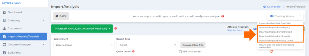 credit analyzer screen on client dispute manager software