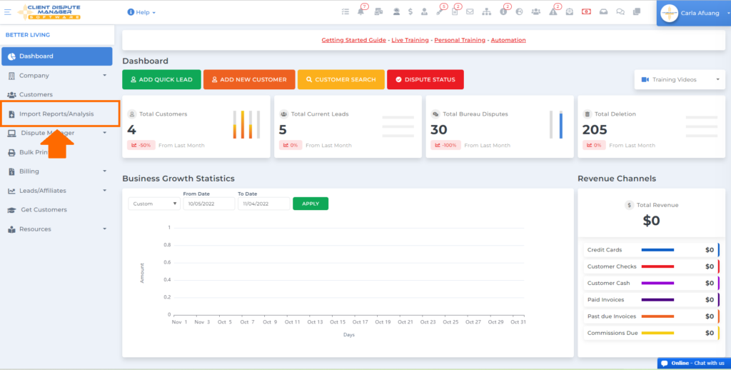 import and analysis features of client dispute manager