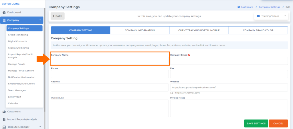 company name option on client dispute manager company settings feature