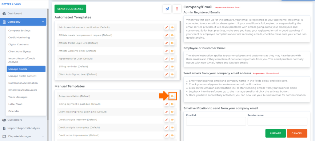 eye icon on client dispute manager software manual letter feature