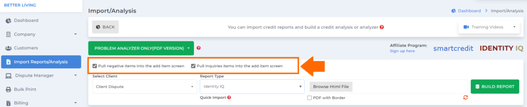 credit analyzer screen on Client Dispute Manager