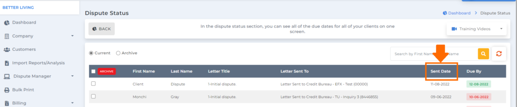 dispute letter sent date column