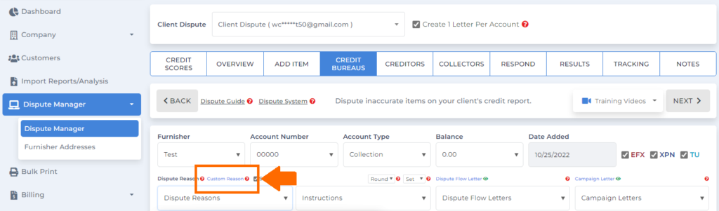 Client Dispute Manager Software Custom Reasons