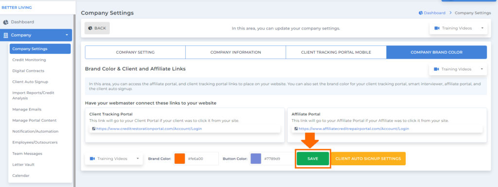 save button on company branding feature on credit dispute manager software