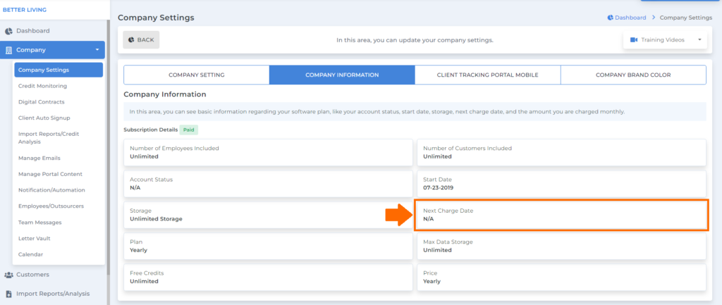 next charge date on company information feature on software for credit repair