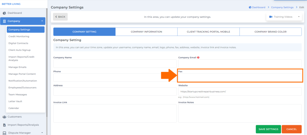 add fax number on company settings software for credit repair