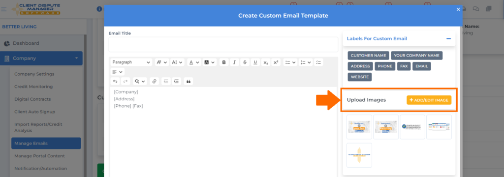 upload image for custom email on credit repair software for business