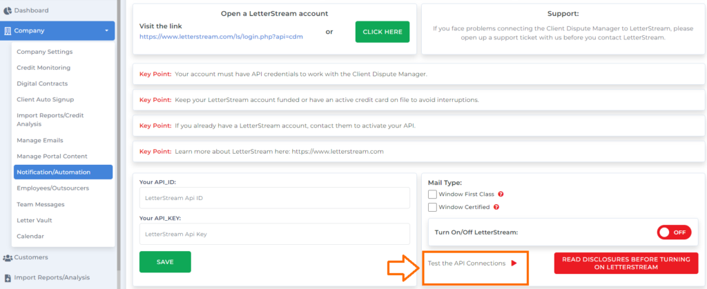 API connections for client dispute manager software