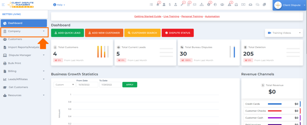 dashboard on client dispute manager software for business