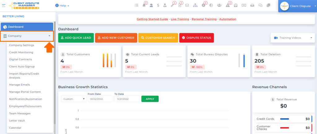 company tab on client dispute manager for business