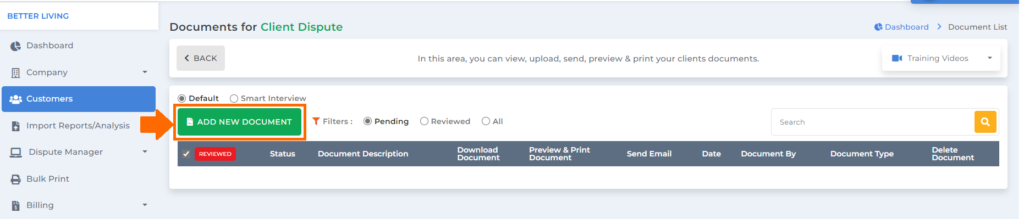 add new document button on client dispute manager for business