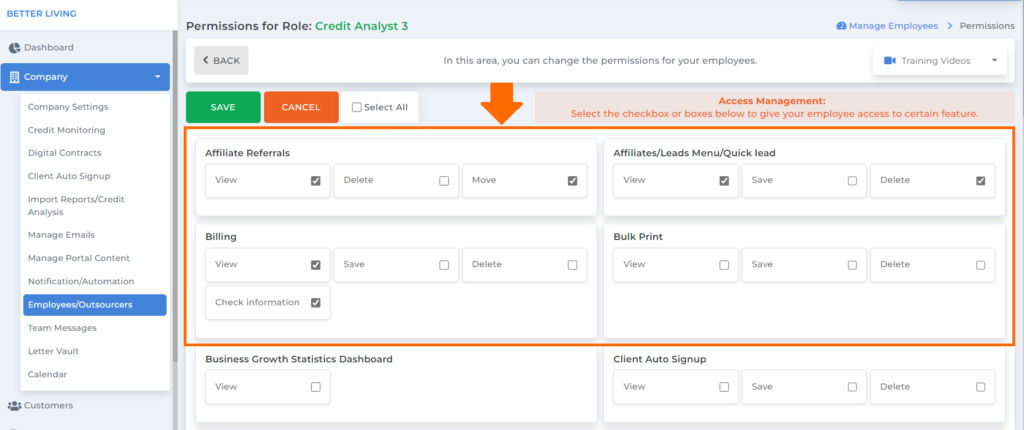 permission screen for role and permission feature